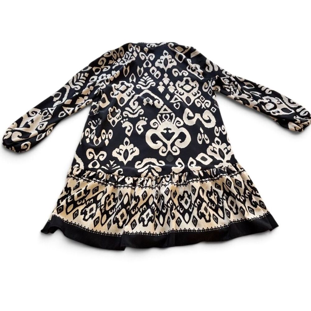 ZARA XS Black Cream Ikat Print Mini Dress Boho Peasant Ruffle Hem - Picture 9 of 10